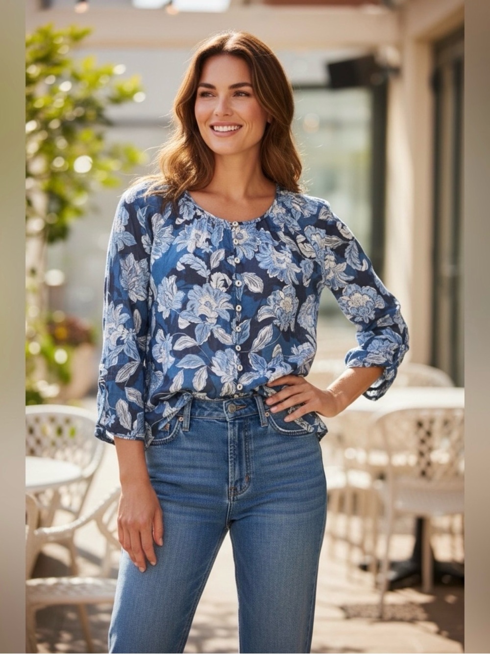 Johnny Was Blue Floral Button-Front Shirt